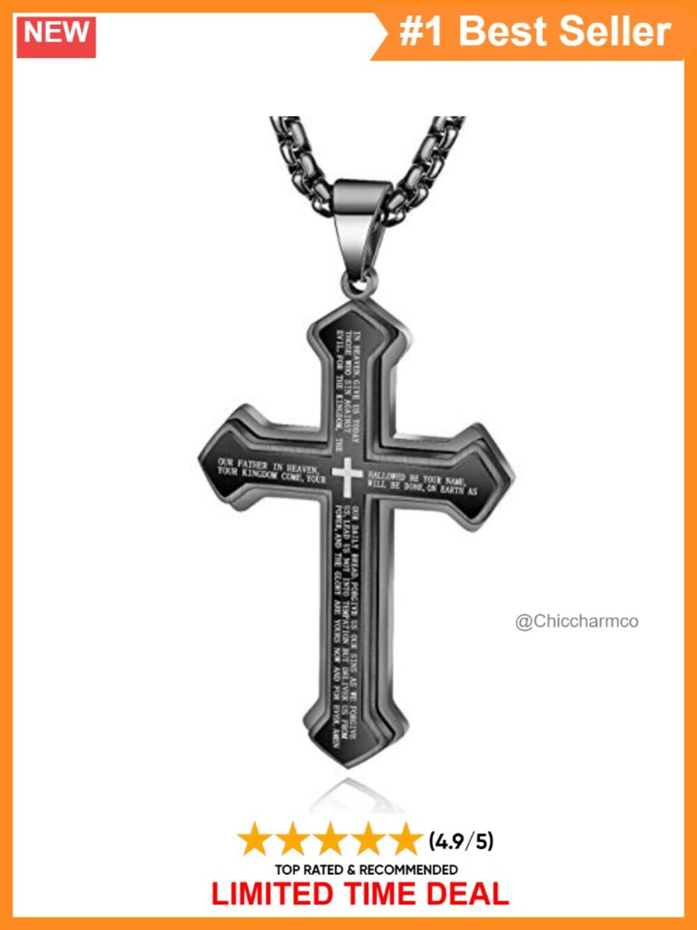 Stainless Steel Cross Pendant Necklace Lord's Prayer 23.6" Chain